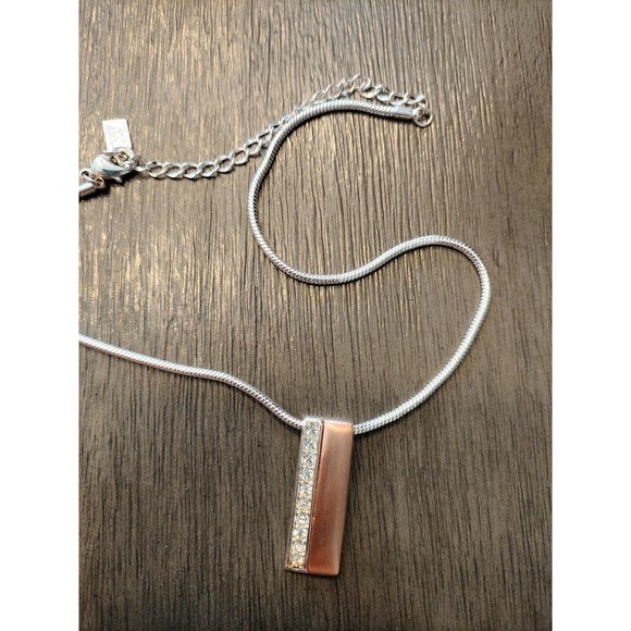 VINTAGE "AK" ANN KLINE SILVERTONE NECKLACE WITH RHINESTONE DROP BAR PENDANT - Picture 2 of 5